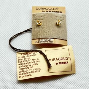 DURAGOLD Clear Stone Stud Earrings by Kramer-24KT Gold Electroplate w/Backs-NWT